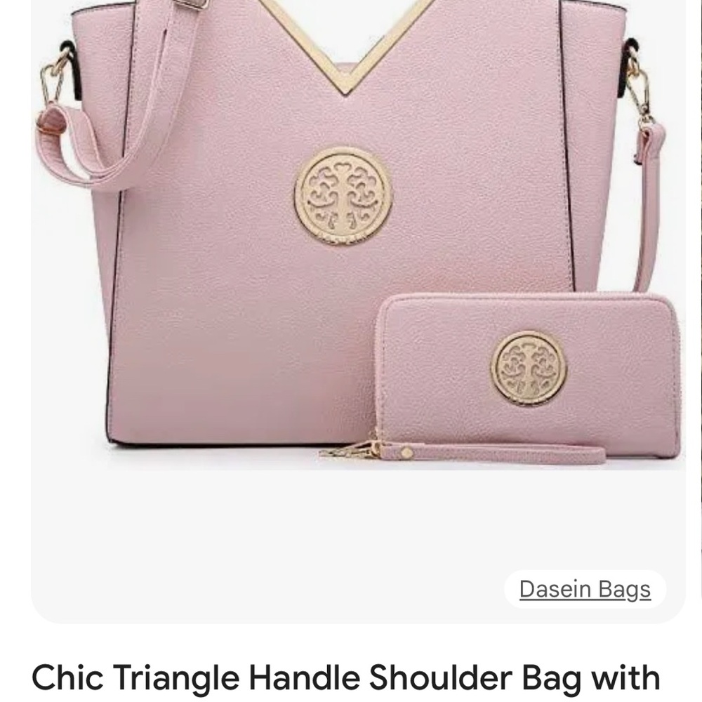 Dasein Chic Triangle Pink Shoulder bag with Gold Accents and matching wallet